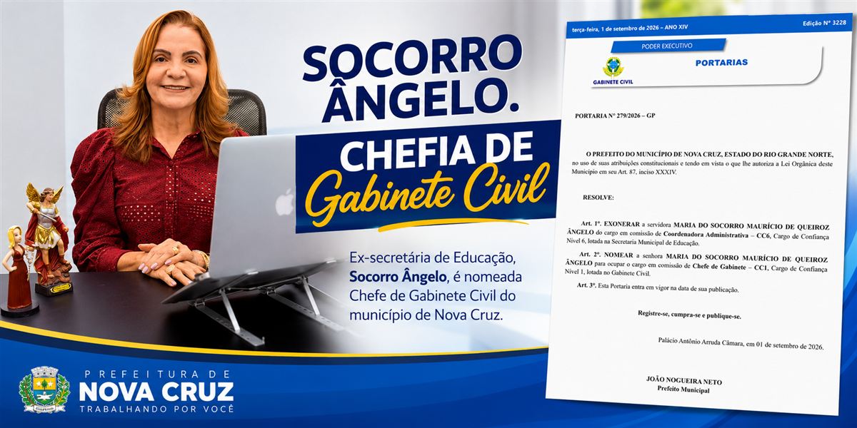 Socorro Ângelo, ex-secretária Municipal de Educação é nomeada para um dos cargos de maior confiança da administração do município.